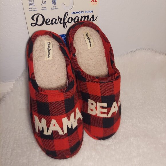 NWT Dearfoams “Mama Bear” Red Buffalo Plaid Slippers Size XL - Picture 3 of 9
